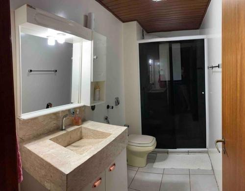 ein Badezimmer mit einem Waschbecken, einem WC und einem Spiegel in der Unterkunft Apartamento Central COM 02 BOX de garagem in Caxias do Sul