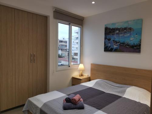 1 dormitorio con cama y ventana grande en PERSEUS 3 BEDROOM Apartment 102 en Lárnaca