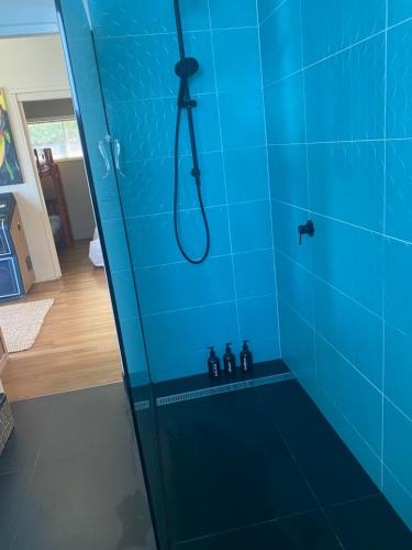 a bathroom with a shower with blue tiles at Beach Buoy Opossum Bay in South Arm