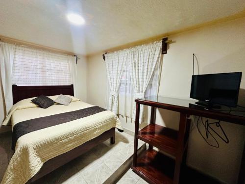- une chambre avec un lit et un bureau avec une télévision dans l'établissement Hotel Monarca Tlalpujahua, à Tlalpujahua de Rayón