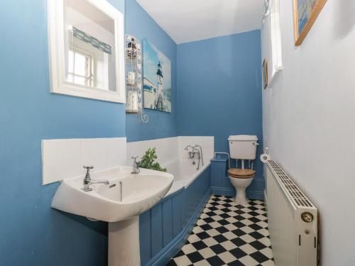 a blue bathroom with a sink and a toilet at Woodlands Cottage in Leominster