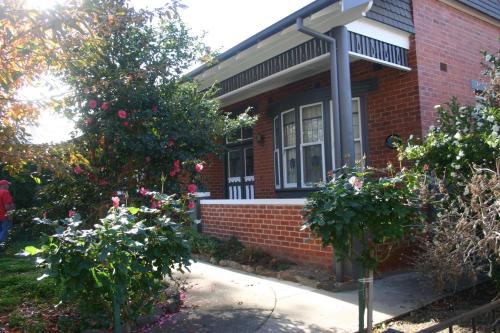 a red brick house with two trees and roses at Primrose Cottage in Albury