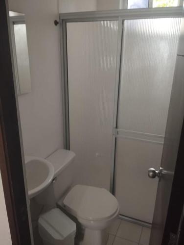 a white bathroom with a toilet and a shower at SANTAFE APARTASOLES in Santa Fe de Antioquia