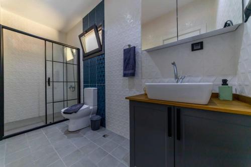 La salle de bains est pourvue d'un lavabo et de toilettes. dans l'établissement Villa Loçka / Kalkan, à Kaş