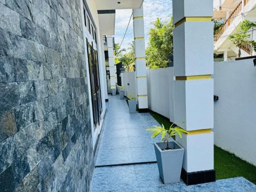 a corridor of a building with a potted plant at Royal Palace Mirissa in Mirissa