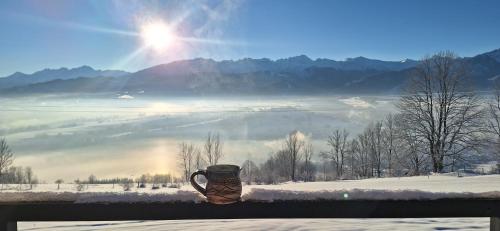 a coffee cup sitting on a window sill in the snow at Domki Widokowe Wooden Luxury Chalet in Ząb