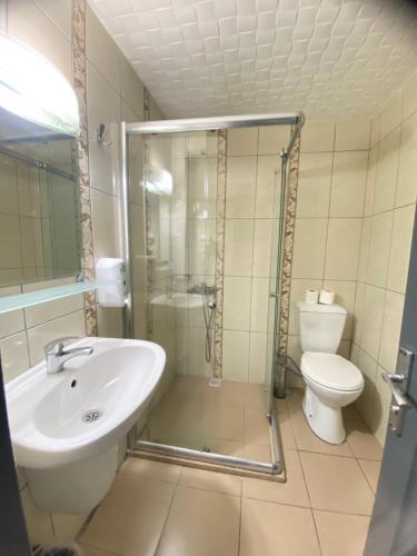 La salle de bains est pourvue d'une douche, d'un lavabo et de toilettes. dans l'établissement Abam Hotel, à Istanbul