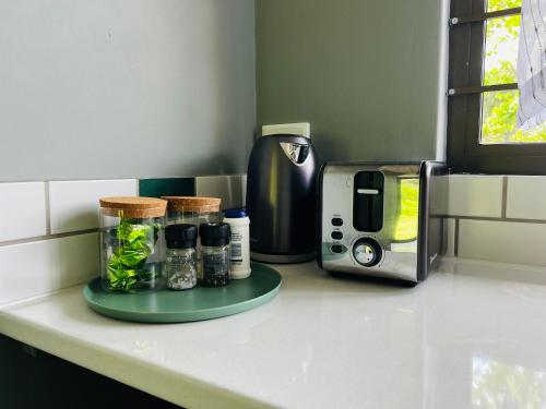 a kitchen counter with a coffee maker and a toaster at Robyns Nest Self Catering Studio Cottage No2 in Kloof