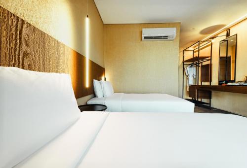 Pokój hotelowy z 2 łóżkami i lustrem w obiekcie The Funny Lion - Puerto Princesa w mieście Puerto Princesa