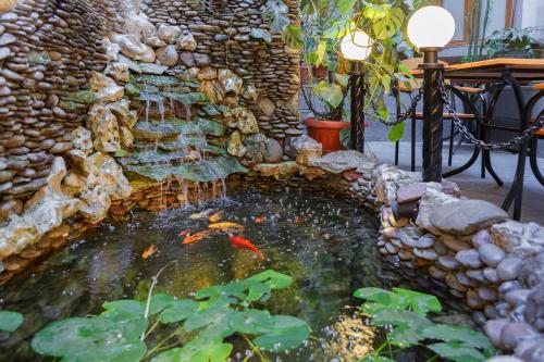 a koi pond in front of a stone wall at Alarus Luxe Hotel in Odesa