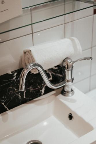 a bathroom sink with a roll of toilet paper at Résidence du Parc appartement calme in Châtel-Guyon