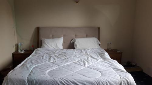 ein Bett mit einer weißen Bettdecke und 2 Kissen in der Unterkunft Karibu in Rivière du Rempart
