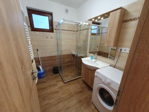 a bathroom with a shower and a sink and a washing machine at Árvalányhaj Vendégház in Balatonakali