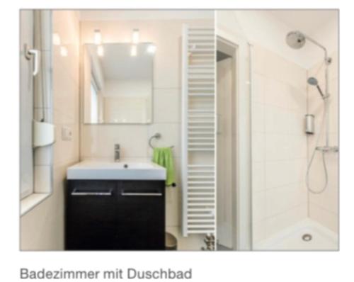 uma casa de banho com um lavatório, um chuveiro e um espelho. em Im Tal 2 Apartment WH2 OG em Bergheim