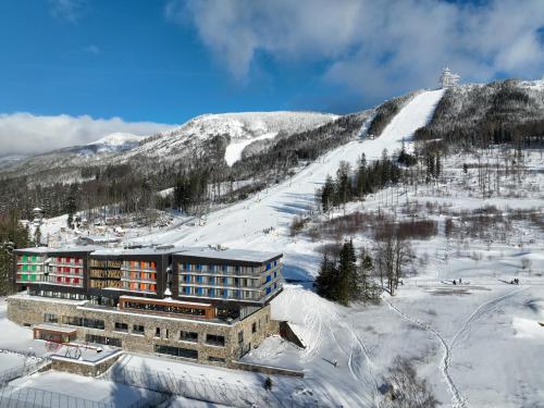 un edificio en la nieve con una montaña en Wellness Hotel Vista, en Dolní Morava