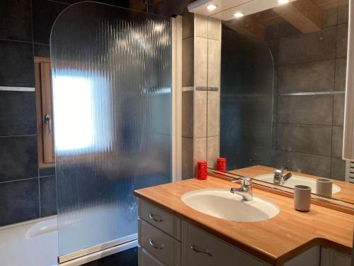 a bathroom with a sink and a mirror and a tub at Les Mélèzes, joli duplex dans un chalet in Montvalezan
