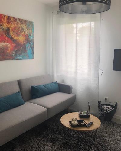 ein Wohnzimmer mit einem Sofa und einem Tisch in der Unterkunft Appartement T2 Bayonne avec parking in Bayonne