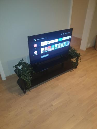 Cosy 1bedrom apartment في Lorenskog: شاشة تلفزيون مسطحة جالسة على منصة فيها محطة