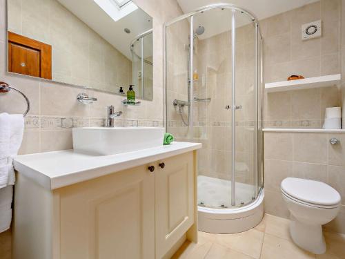 a bathroom with a shower and a sink and a toilet at 4 Bed in Matterdale SZ367 in Dockray