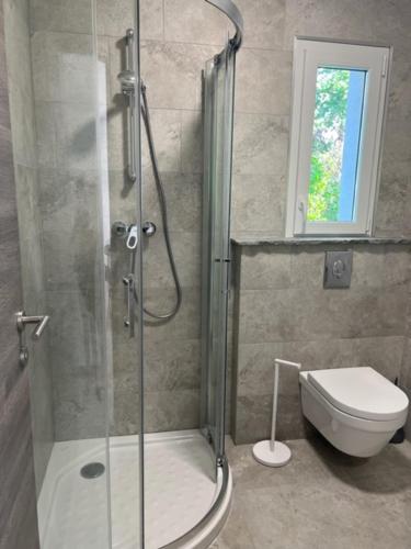 a bathroom with a shower with a toilet and a window at Residence Scopa Marina in Poggio-Mezzana