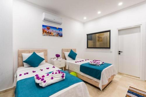 um quarto com 2 camas e uma televisão em Villa Gökkuşağı / Kalkan em Kas