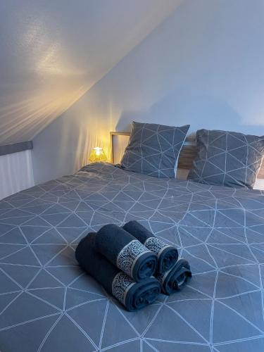 - un lit avec 3 serviettes pliantes dans l'établissement Atypique et central, 4 personnes et garage privé, à Bourges