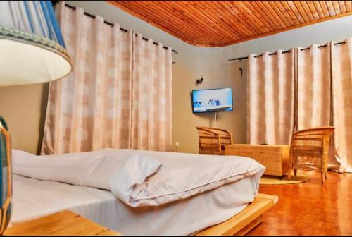 ein Schlafzimmer mit einem Bett und einem TV in der Unterkunft Asante Home in Arusha