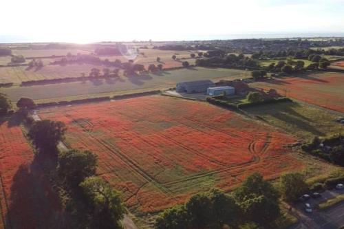 an aerial view of a field with red soil at Entire Cosy bungalow close to Beach in Heacham