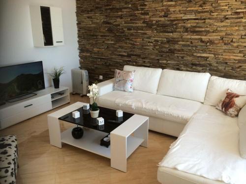 a living room with a white couch and a tv at Villa Bellerose in Bozhurets