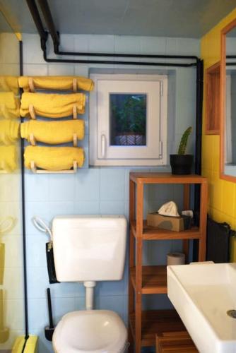 a bathroom with a toilet and a bunch of towels at Gemütliche Souterrain Wohnung in Lüneburg