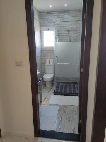 a bathroom with a glass shower and a toilet at Condo with Breathtaking 's view with 2 bedrooms in Hurghada