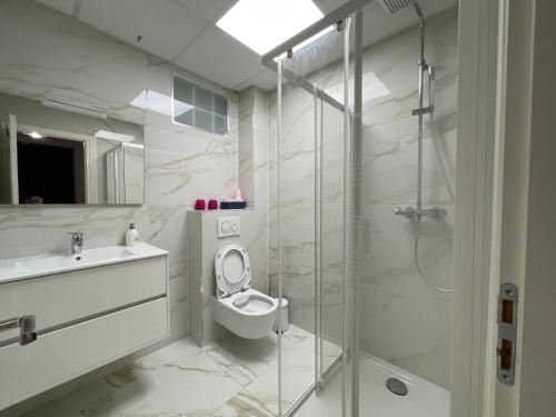 La salle de bains est pourvue d'une douche, de toilettes et d'un lavabo. dans l'établissement studio, centre ville, bord de mer,, à Nice