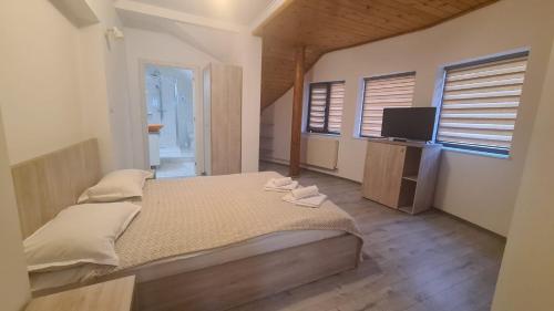 a bedroom with a large bed and a television at Hanul Marioarei in Buneşti