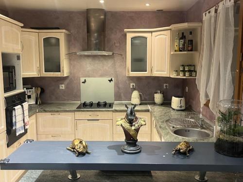 - une cuisine avec une table et des crânes dans l'établissement La casa del felicidad, à Bruyères-le-Châtel