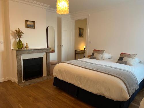 - une chambre avec un grand lit et une cheminée dans l'établissement Appartement L3 ARENA Reims Gare Centre, à Reims