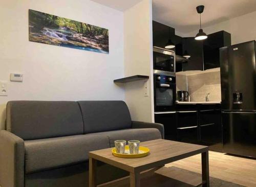 un salon avec un canapé et une table dans l'établissement Redelpha, à Carrières-sous-Poissy