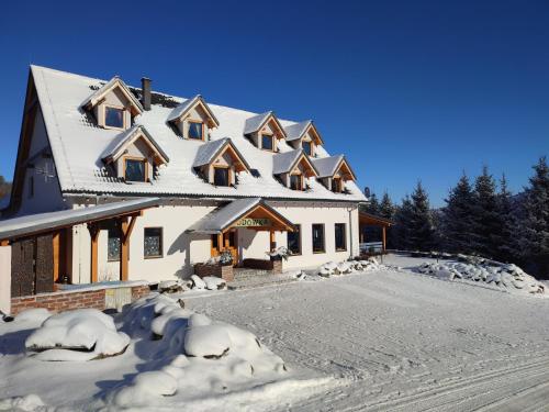 a house with snow on the roof at Miodówka in Stronie Śląskie
