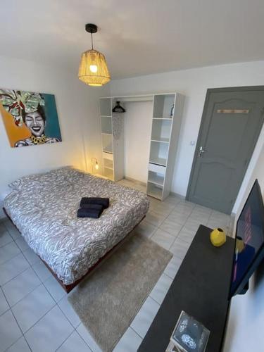 ein Schlafzimmer mit einem Bett in einem Zimmer mit einer Lampe in der Unterkunft Appartement tout équipé 2 chambres + jardin in Saix