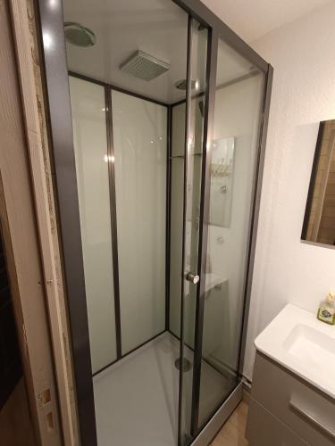 une douche en verre dans une salle de bain avec un lavabo dans l'établissement Menuires, Beau duplex 8 personnes, Ski aux pieds, aux Menuires