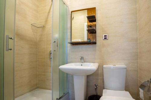 ein Badezimmer mit einem Waschbecken, einem WC und einem Spiegel in der Unterkunft ELYSIUM HOTEL in Baku