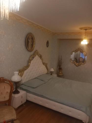 um quarto com uma cama e um espelho na parede em Gold apartmants em Skopje