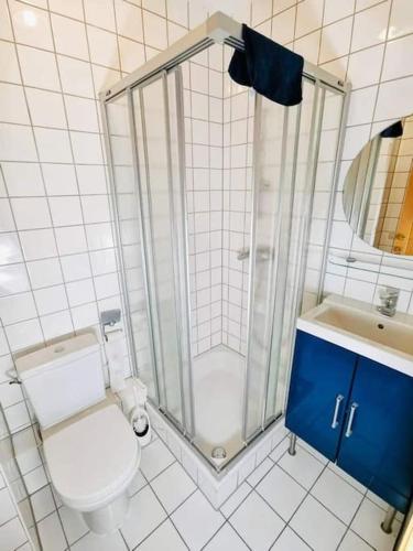 a bathroom with a shower and a toilet and a sink at Studio - Thermes de Mondorf in Mondorf-les-Bains