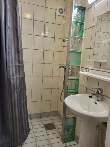 bagno con lavandino e doccia di Ksu Nordlandet leiligheten a Kristiansund