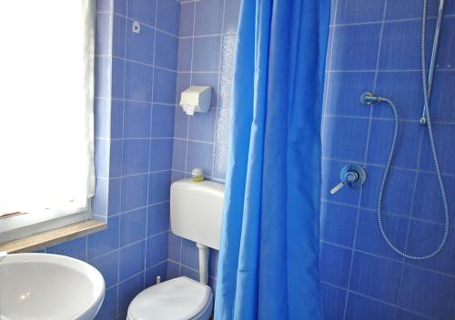 a blue tiled bathroom with a toilet and a shower at Arlecchino in Capoliveri