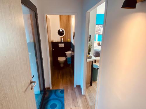 une salle de bain avec toilettes et lavabo dans l'établissement Logement 2 chambres proche MEETT & aéroport, à Aussonne