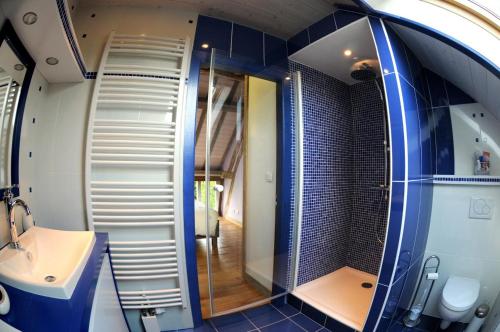 baño pequeño con ducha y lavamanos en Le pic drille, en Charmont-sous-Barbuise