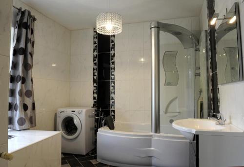 ein Badezimmer mit einer Dusche, einem Waschbecken und einer Waschmaschine in der Unterkunft Les perrieres in Les Riceys