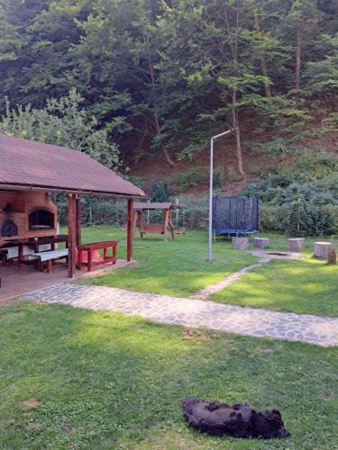 un parque con cenador y parque infantil en LIVADA AMELY, en Galeş