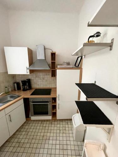 Elle comprend une petite cuisine avec des placards blancs et un évier. dans l'établissement Monteurwohnung am Holstein-Center, à Itzehoe