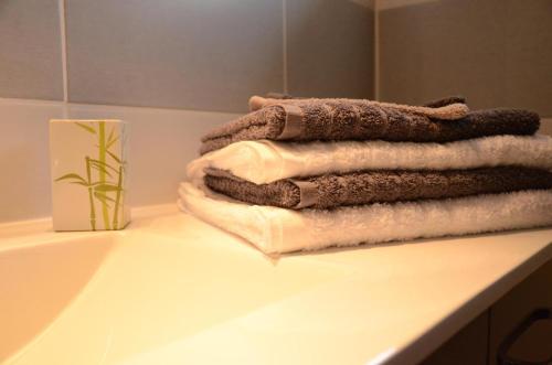 einen Stapel Handtücher auf einer Theke im Bad in der Unterkunft Les pres saint jean in Champigny-sur-Aube